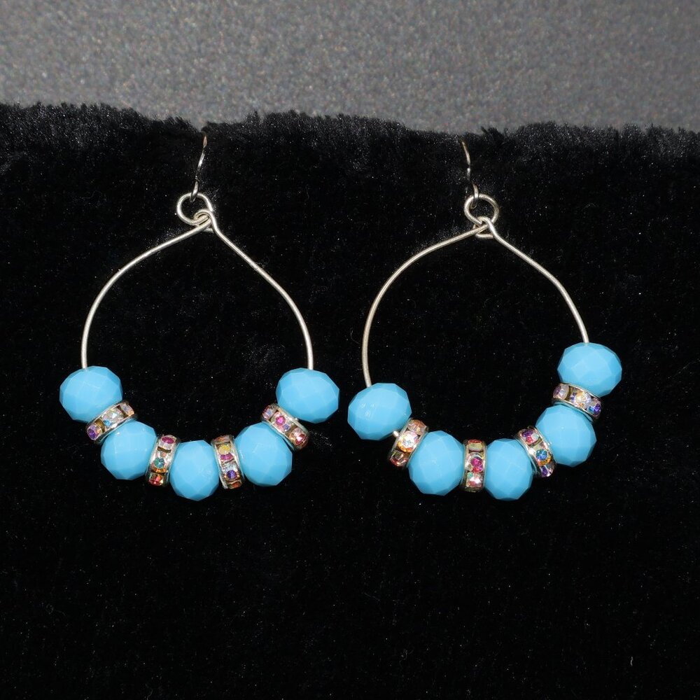 Turquoise blue round silver hoop earrings rhinestones handmade